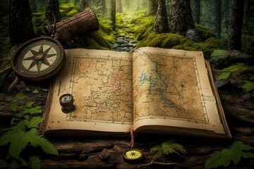 Fototapeta premium Discover an old treasure map in the forest. Generative AI