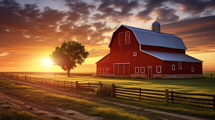Red barn at sunset field farm concept - obrazy, fototapety, plakaty