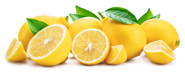 Ripe lemon fruits and lemon slices with leaf isolated on white background.