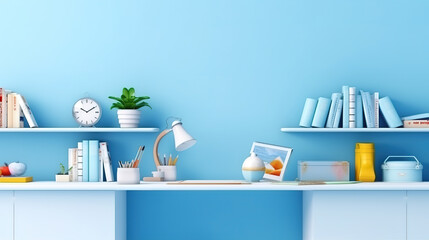 Modern home interior design on blue panoramic background. Generative Ai
