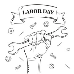 Happy Labor Day banner. Design template. Hand holding wrench vector illustration