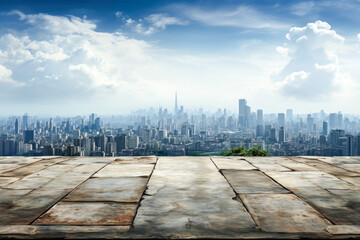 Fototapeta premium Panoramic skyline and modern business office buildings with empty road,empty concrete square floor , Generative Ai