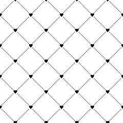 Geometric grid seamless pattern with dots and heart shapes. Monochrome abstract vector texture.