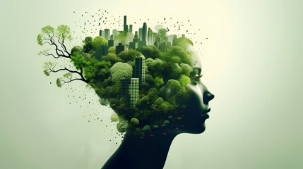 Symbolizing the green thinking concept, a woman's head silhouette is filled with green, sustainable environment elements, evoking eco-consciousness and respect for nature. Generative AI