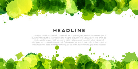 Green abstract horizontal poster. Colorful artistic banner with paint splash texture.