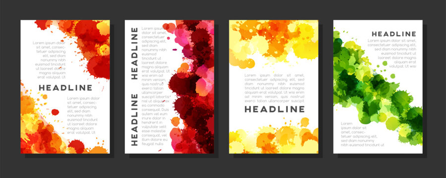 Colorful abstract vertical posters with copy space and paint splash texture. Collection of banners in fluid ink artistic style. Red, orange, green and yellow color flyers.