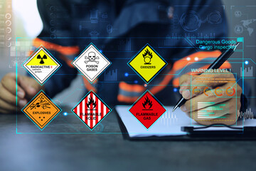 Security officers writing on clipboards and inspect the storage of dangerous goods in the warehouse...