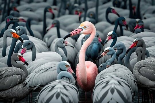 One pink flamingo between gray herons. One between others. One and many. Different, inspiring. Great for business, differences, individualities, loneliness, inclusion concepts. Generative AI - Powered by Adobe