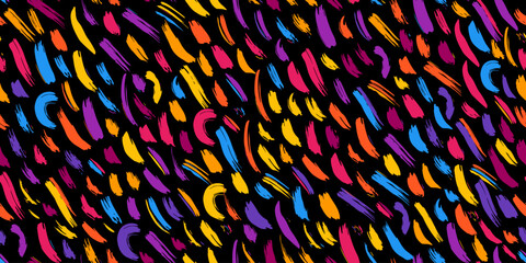 Fabric seamless illustration. Vector pattern with hand drawn elements. Colorful paint brush strocks on the dark background.