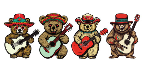 Set of Bear with a Mexican hat with a guitar. Clip art cartoon character vector illustration