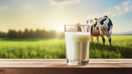 A glass of milk with cows background