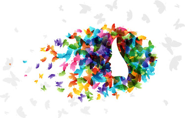 Woman with hair from butterflies. Vector isolated decoration element from scattered silhouettes. Conceptual illustration of beauty and style.