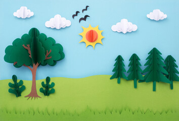Paper art landscape background. blue sky with cloud and tree made of paper cut. summer concept.