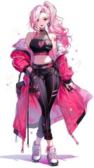 Fototapeta premium A woman with pink hair and a pink jacket. Generative AI. K-pop virtual idol design.