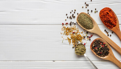 Spices in spoons and scattered on a white background with space for text
