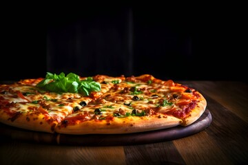 Photo of pizza on a wooden board and table, side view, black background. - obrazy, fototapety, plakaty
