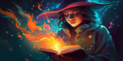 The image of a young beautiful sorceress who holds an open magical book in her hands. Generative AI