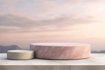 Natural pink podium stone mockup in pastel color for cosmetic and beauty product display. Generative AI