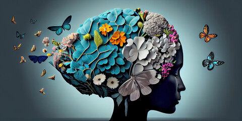 Image of the human brain framed by flowers. Generative AI