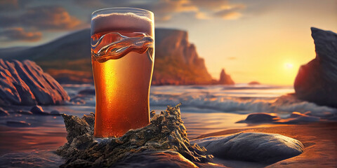 A glass of beer on the background of the sea, close-up. Generative AI