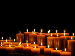 Many burning decorative candles on an isolated black background. Generative AI