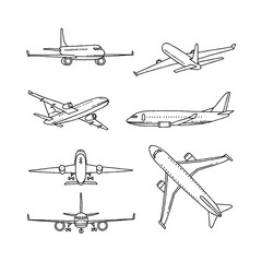 plan, airplane, transportation hand drawn doodle illustrations vector set - obrazy, fototapety, plakaty