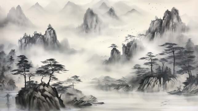 Seamless pattern of chinese ink mountian watercolor landscape background illustration. Generative AI
