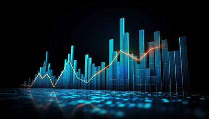 Naklejka premium Business candle stick graph chart of stock market investment trading on blue background. Bullish point, up trend of graph. Economy design. Generative AI