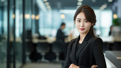 Close up of a Japanese businesswoman with her workspace on the background. Generative AI