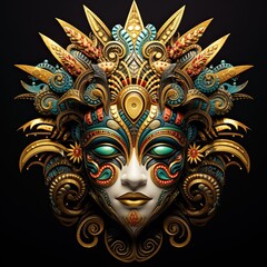 A gold and blue mask on a black background. Generative AI.