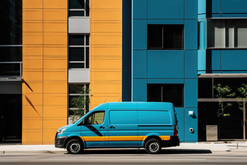 Vibrant Delivery Van Parked in Front of Modern Apartment Building. Generative AI.