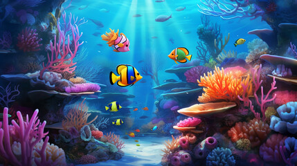 Fototapeta na wymiar Underwater coral reef landscape with colorful fish.ai generative