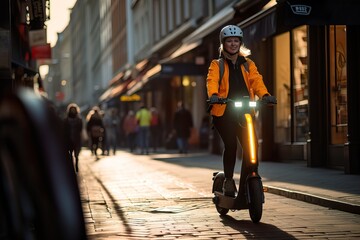 Energetic Delivery Person on Eco-Friendly Electric Scooter in Downtown. Generative AI.