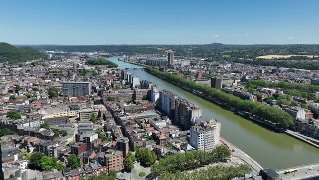 Fly over Liege: Aerial Drone Video of Maas River and Landmarks