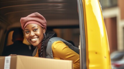 Vibrant Urban Life: Cheerful Delivery Driver Unloading Packages in Modern Apartment Building. Generative AI.