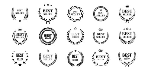 Best seller award stamps set, badges with black text and laurel leaves, crown, stars - obrazy, fototapety, plakaty