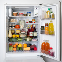 White fridge with fruits and vegetables. - obrazy, fototapety, plakaty