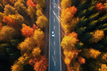 Aerial top down drone view of road through colorful autumn forest
