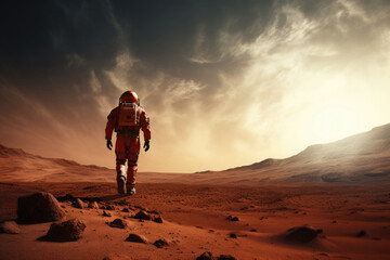 Fototapeta na wymiar Astronaut in space suit walking on alien red planet or Mars