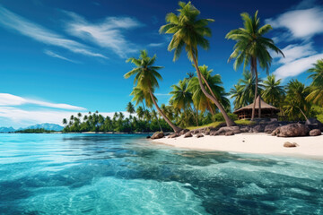 Plakat Beautiful tropical beach with white sand, palm trees, turquoise ocean against blue sky with clouds on sunny summer day