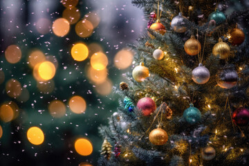 Obraz na płótnie Canvas Festively decorated Christmas tree on blurred golden sparkling fairy background