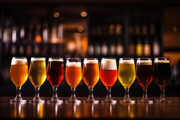 Glasses with different sorts of craft beer on wooden bar