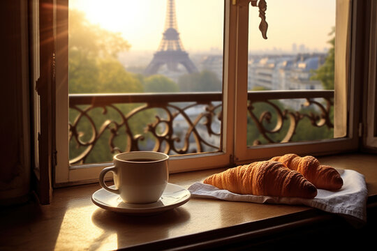 Cup of coffee and croissant on a table of Parisian cafe or restaurant with view to the Eiffel tower in Paris, France