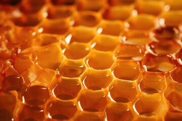 Honeycombs with sweet golden honey close up