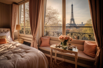 Fototapeta premium Interior of beautiful bedroom of a hotel or apartment condominium with beautiful views of Paris cityscape