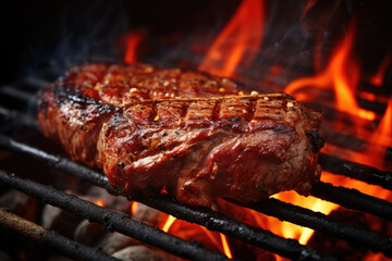Beef steak on the grill with flames