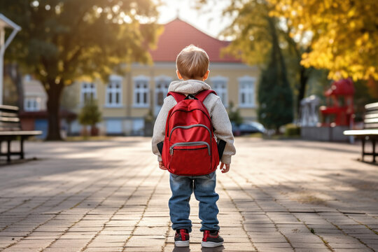 Small kid with backpack going to school for the first time. Back to school concept