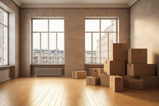 Stack of boxes in the empty room. Moving in concept