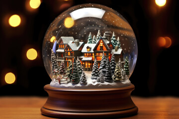 Christmas village in snow globe with golden lights in the background