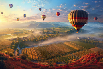 Sunrise with hot air balloons over scebic landscape